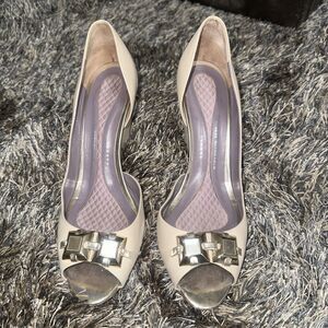 Anya Hindmarch Wedge Shoes Womens Sz 9.5 EU 40 Beige Leather Heels Peep Toe